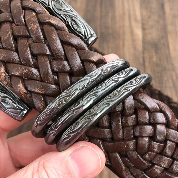 Vintage Woven Leather Belt Ornate Floral Buckle Jennifer Graham Size Small Brown - Picture 5 of 13